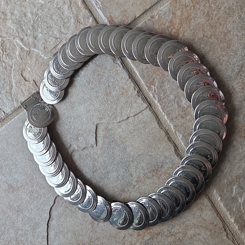 Vintage Queen Elizabeth II Coin Belt Silver Tone Statement Waist Chain Boho